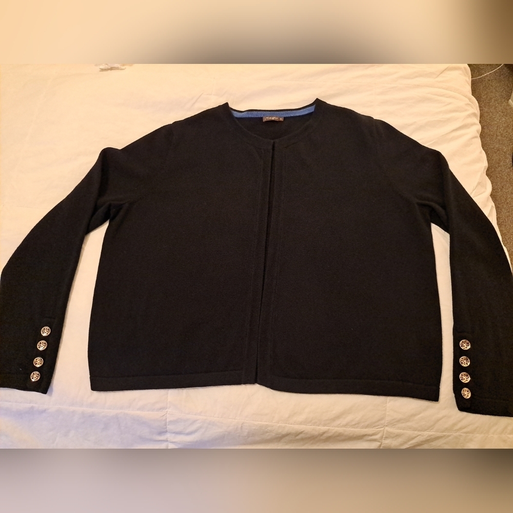 J. McLaughlin Open Front Cropped Cardigan Blue With Gold Buttons Sz XL EUC